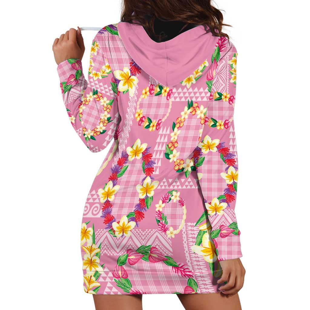 Hawaiian Leis Hoodie Dress Kakau Tattoos and Palaka Pastel Pink Color LT03 - Polynesian Pride