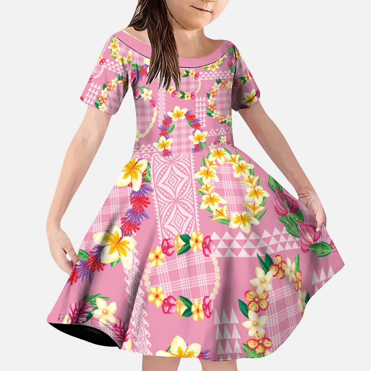 Hawaiian Leis Kid Short Sleeve Dress Kakau Tattoos and Palaka Pastel Pink Color LT03 KID Pink - Polynesian Pride