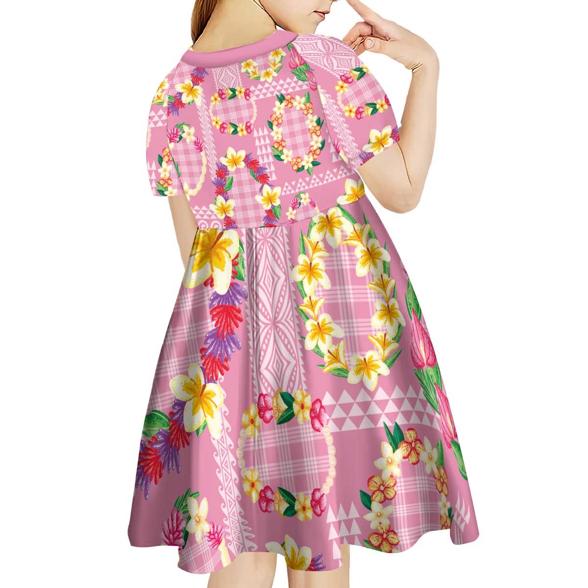 Hawaiian Leis Kid Short Sleeve Dress Kakau Tattoos and Palaka Pastel Pink Color LT03 - Polynesian Pride