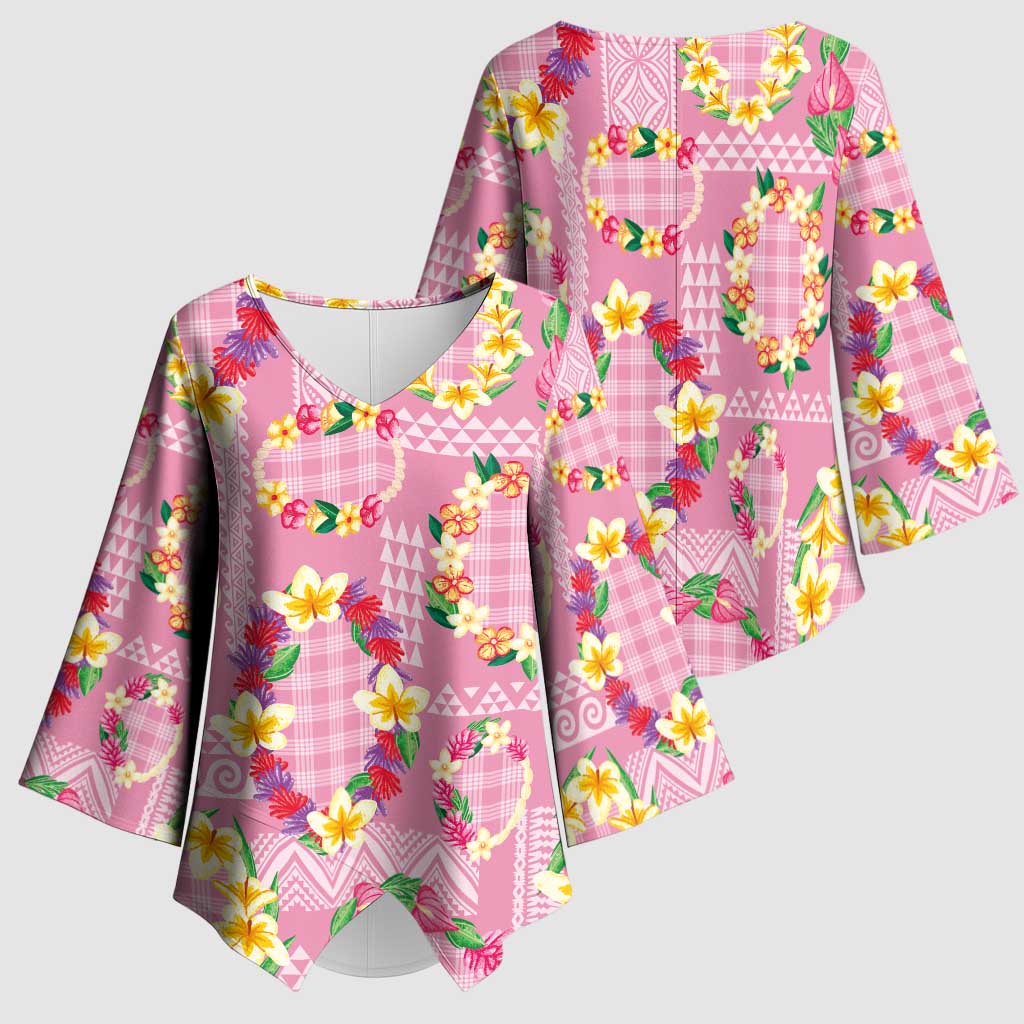 Hawaiian Leis Kimono Sleeve Blouse Kakau Tattoos and Palaka Pastel Pink Color