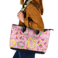 Hawaiian Leis Leather Tote Bag Kakau Tattoos and Palaka Pastel Pink Color