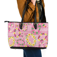 Hawaiian Leis Leather Tote Bag Kakau Tattoos and Palaka Pastel Pink Color
