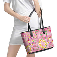 Hawaiian Leis Leather Tote Bag Kakau Tattoos and Palaka Pastel Pink Color