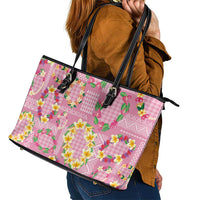 Hawaiian Leis Leather Tote Bag Kakau Tattoos and Palaka Pastel Pink Color