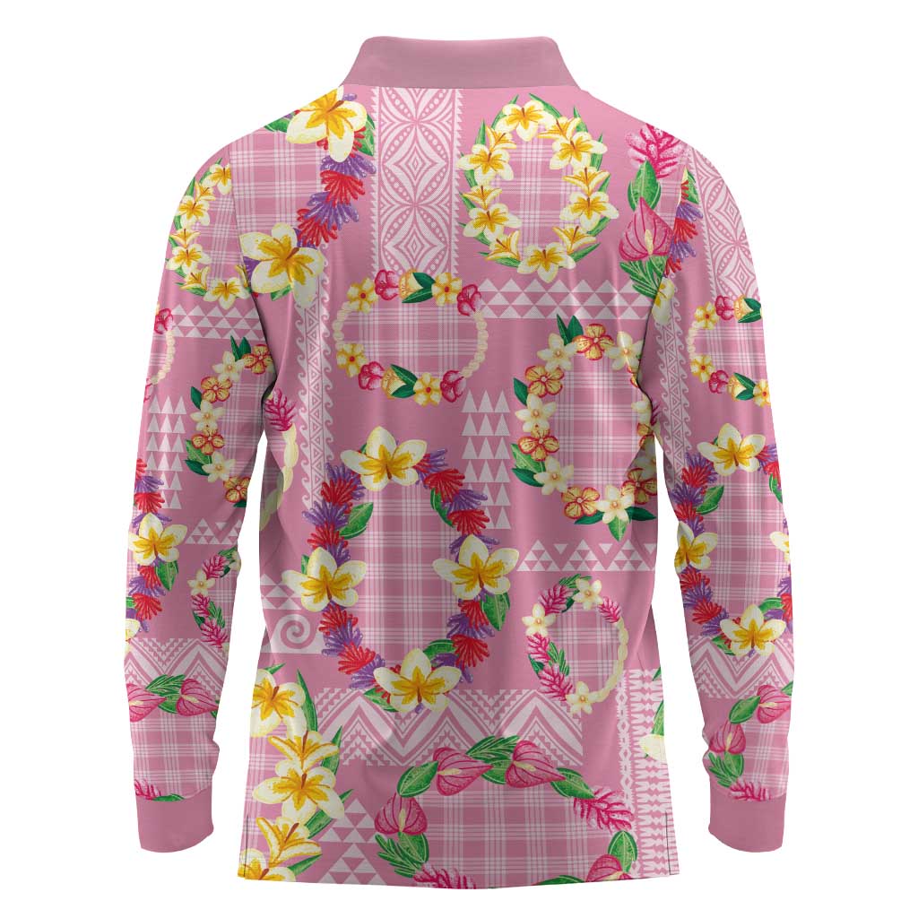 Hawaiian Leis Long Sleeve Polo Shirt Kakau Tattoos and Palaka Pastel Pink Color LT03 - Polynesian Pride