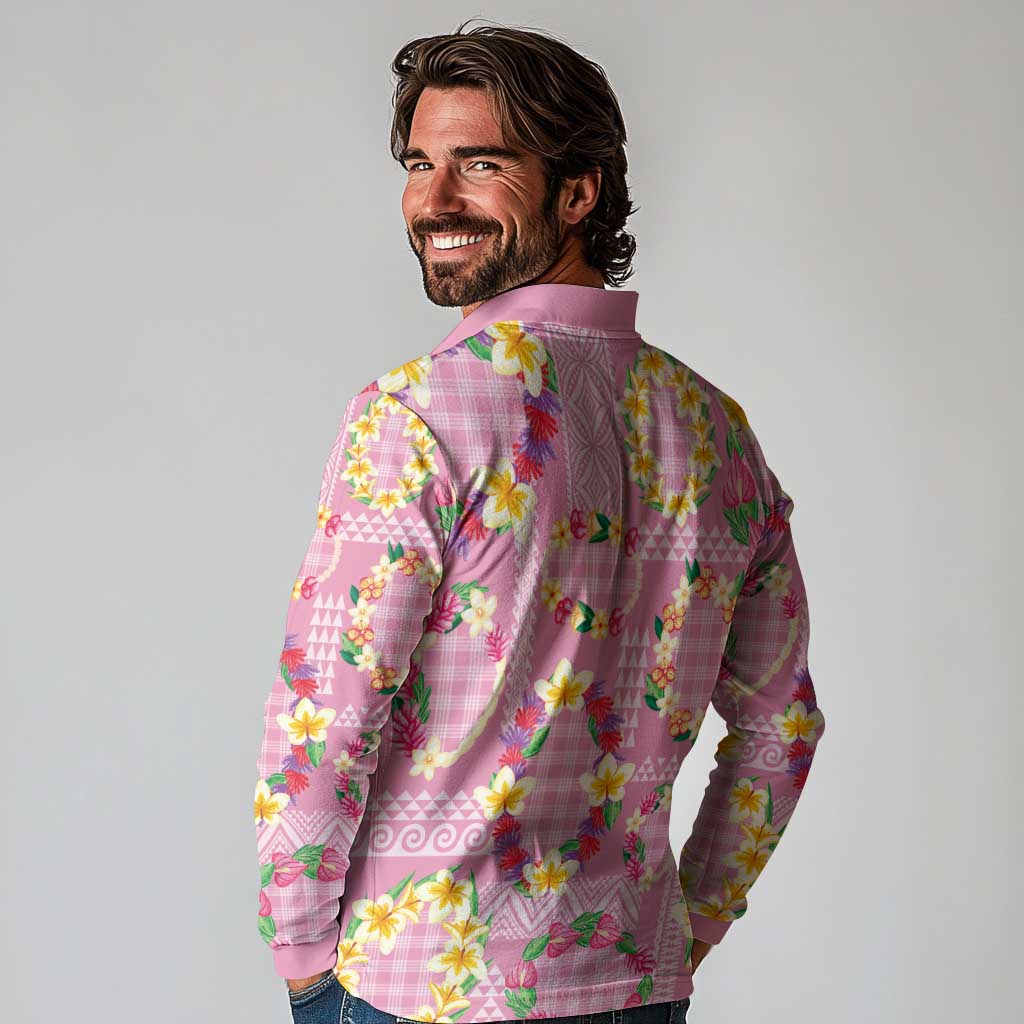 Hawaiian Leis Long Sleeve Polo Shirt Kakau Tattoos and Palaka Pastel Pink Color LT03 - Polynesian Pride