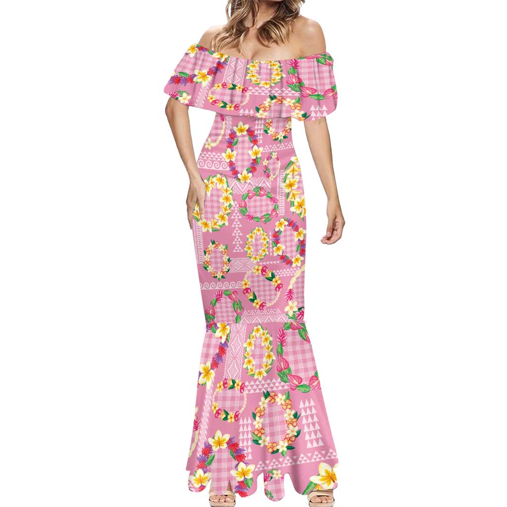 Hawaiian Leis Mermaid Dress Kakau Tattoos and Palaka Pastel Pink Color LT03 - Polynesian Pride