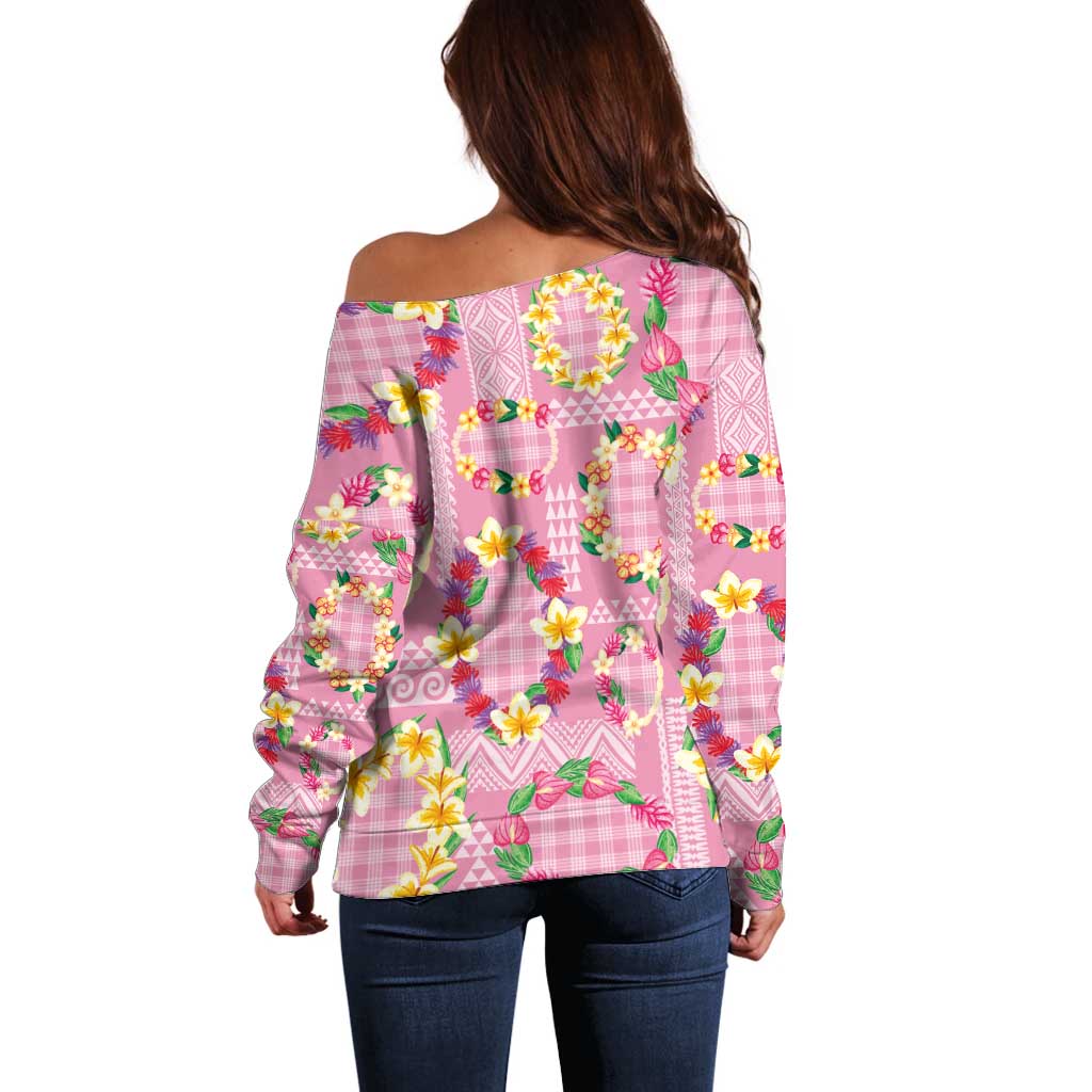 Hawaiian Leis Off Shoulder Sweater Kakau Tattoos and Palaka Pastel Pink Color