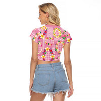 Hawaiian Leis Raglan Cropped T Shirt Kakau Tattoos and Palaka Pastel Pink Color