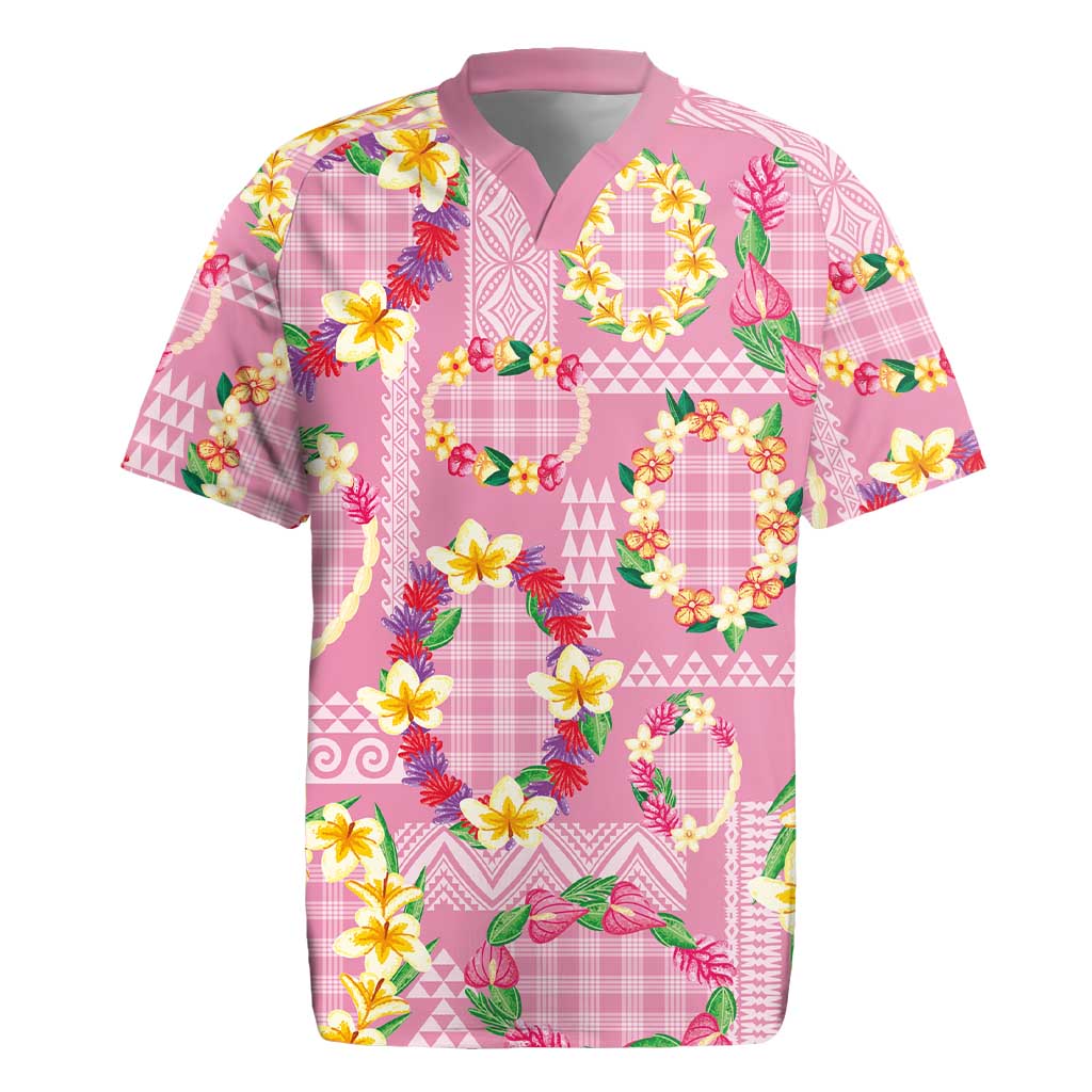 Hawaiian Leis Rugby Jersey Kakau Tattoos and Palaka Pastel Pink Color