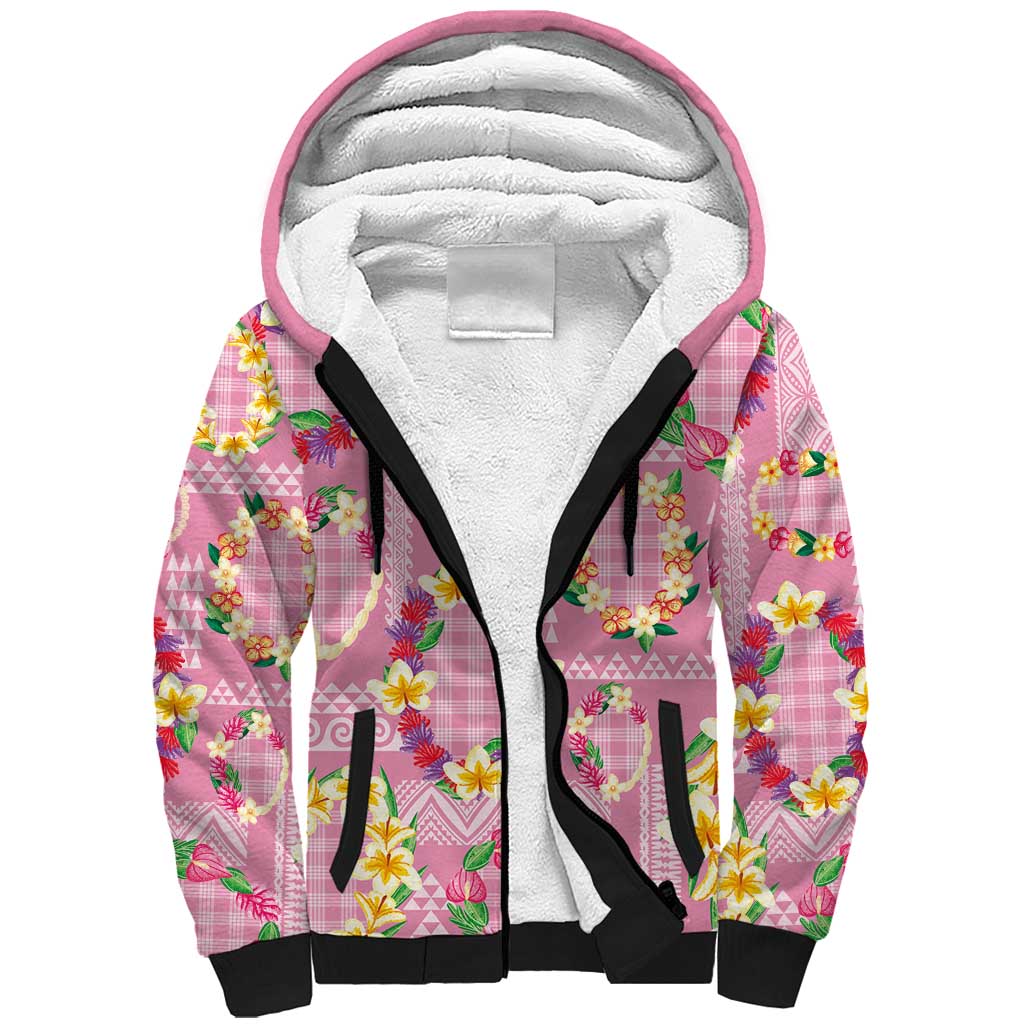 Hawaiian Leis Sherpa Hoodie Kakau Tattoos and Palaka Pastel Pink Color LT03 Unisex Pink - Polynesian Pride