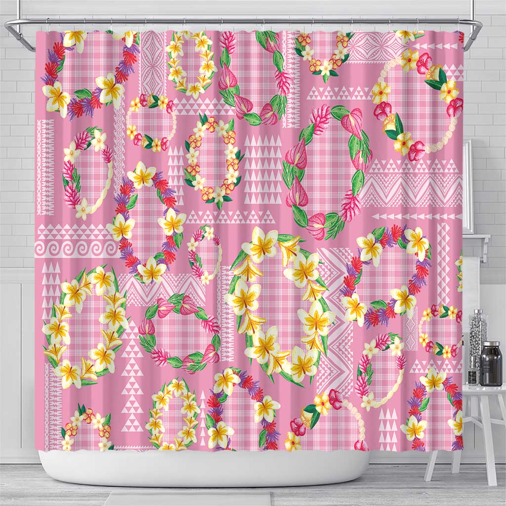 Hawaiian Leis Shower Curtain Kakau Tattoos and Palaka Pastel Pink Color