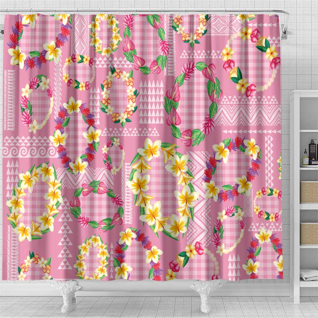 Hawaiian Leis Shower Curtain Kakau Tattoos and Palaka Pastel Pink Color