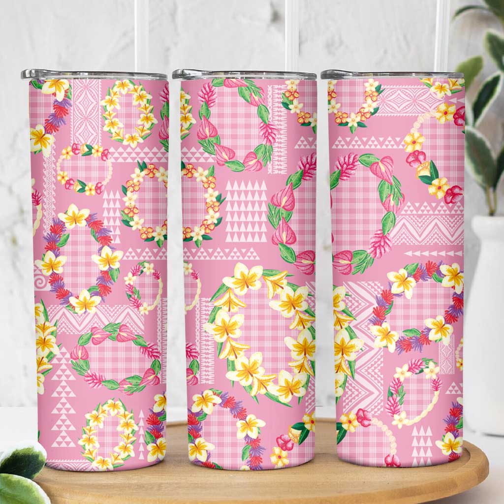 Hawaiian Leis Skinny Tumbler Kakau Tattoos and Palaka Pastel Pink Color LT03 - Polynesian Pride