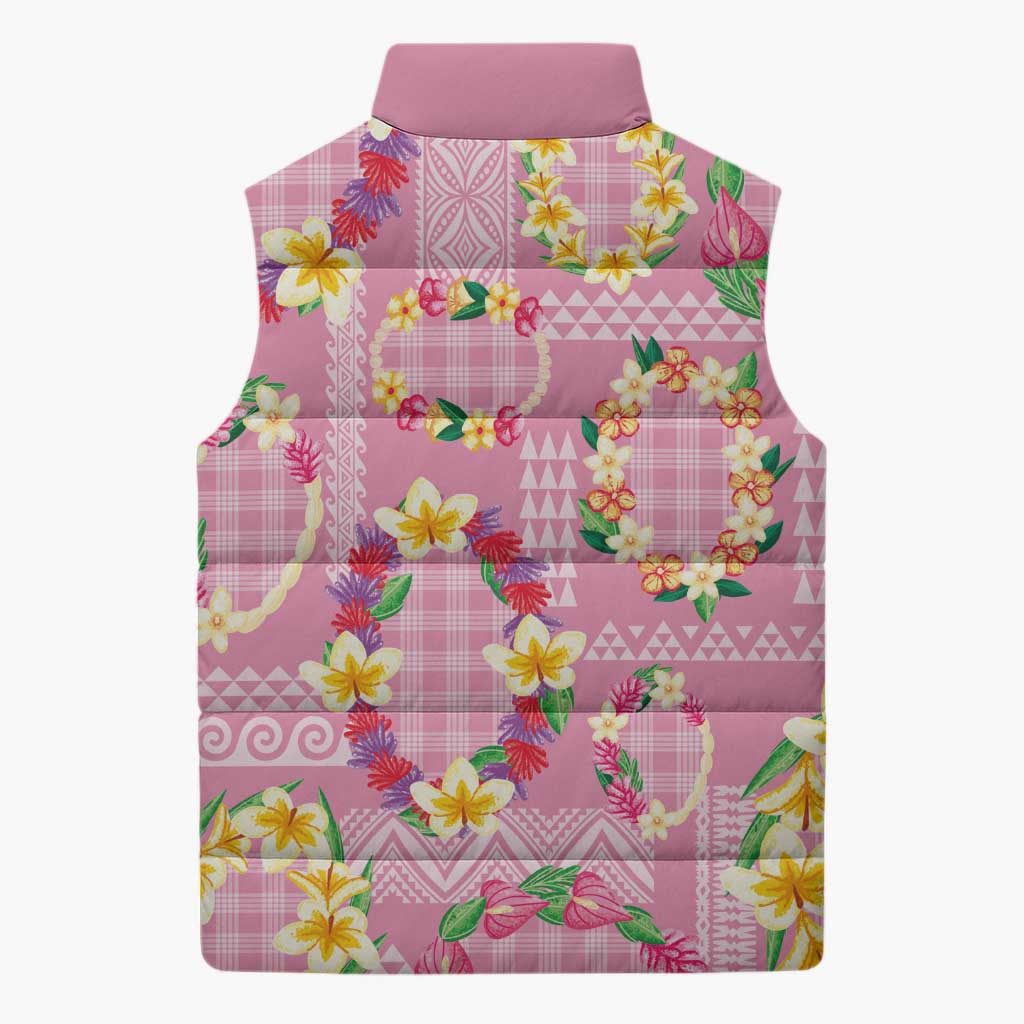 Hawaiian Leis Sleeveless Puffer Jacket Kakau Tattoos and Palaka Pastel Pink Color