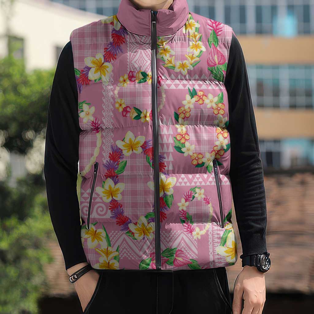 Hawaiian Leis Sleeveless Puffer Jacket Kakau Tattoos and Palaka Pastel Pink Color
