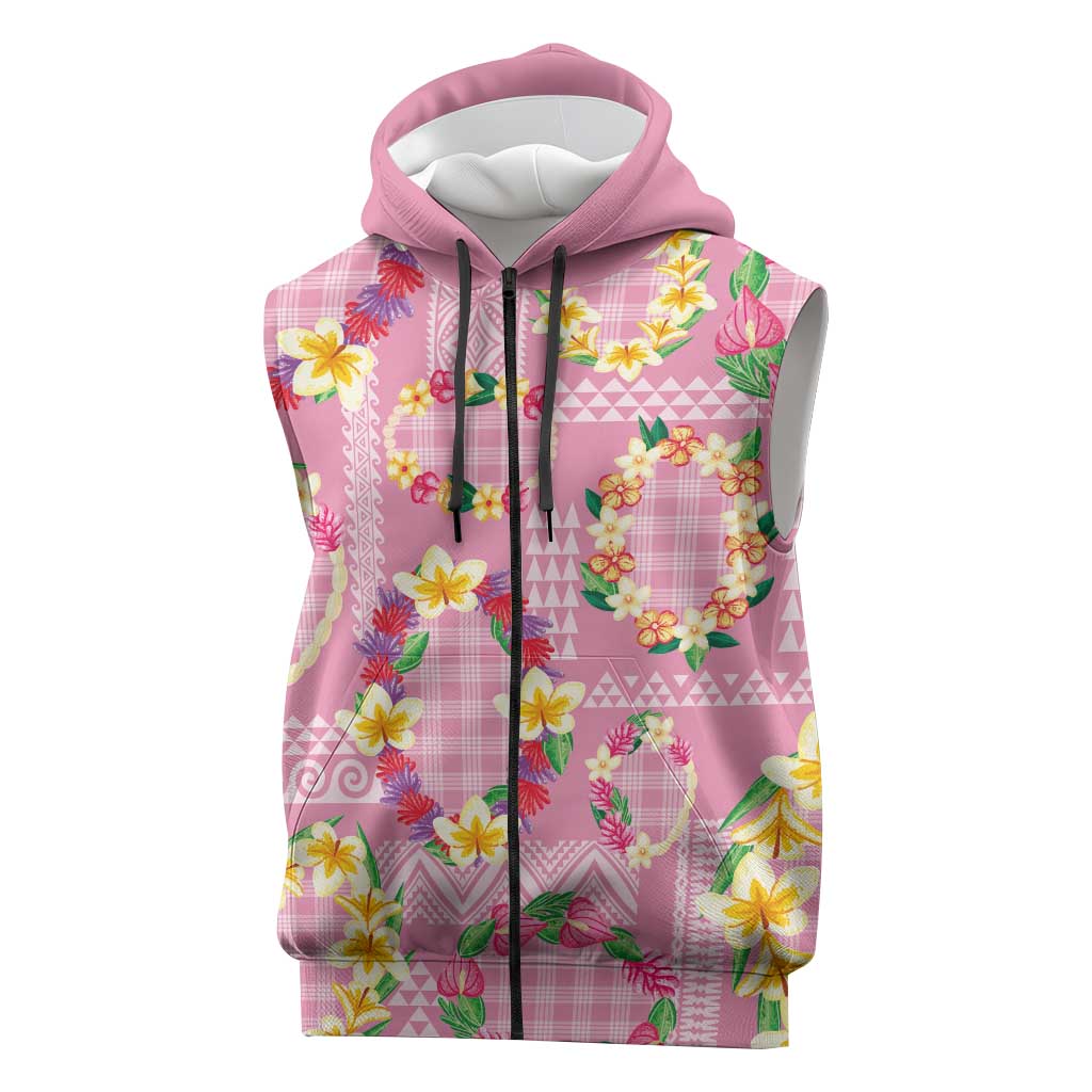 Hawaiian Leis Sleeveless Zip Hoodie Kakau Tattoos and Palaka Pastel Pink Color