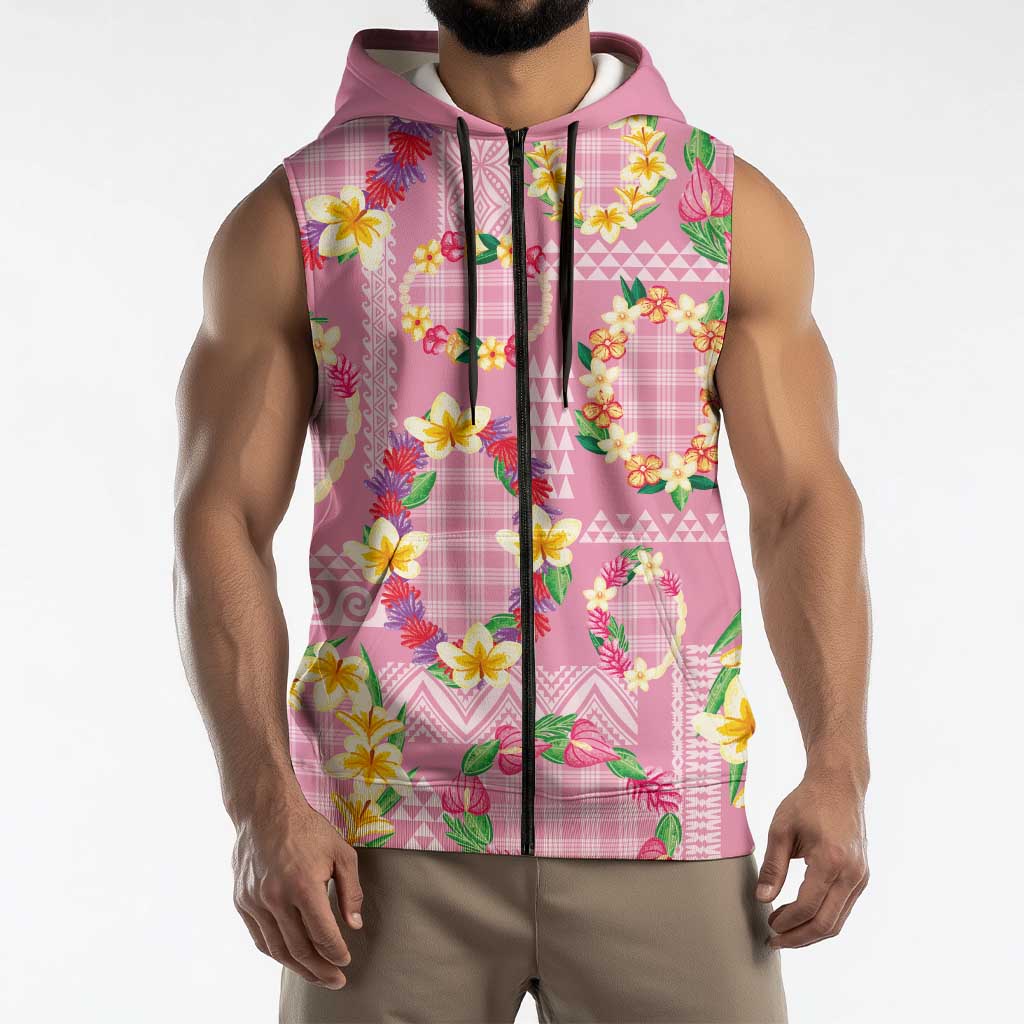 Hawaiian Leis Sleeveless Zip Hoodie Kakau Tattoos and Palaka Pastel Pink Color LT03 - Polynesian Pride