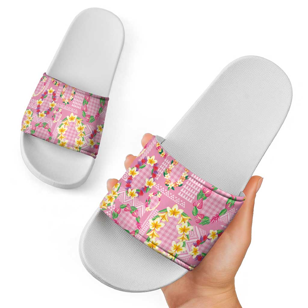 Hawaiian Leis Slide Sandals Kakau Tattoos and Palaka Pastel Pink Color