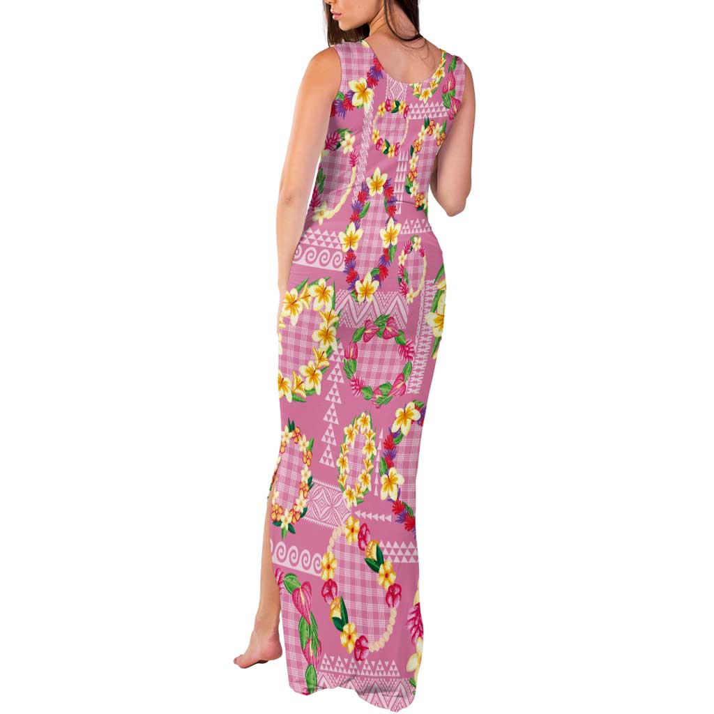 Hawaiian Leis Tank Maxi Dress Kakau Tattoos and Palaka Pastel Pink Color LT03 - Polynesian Pride