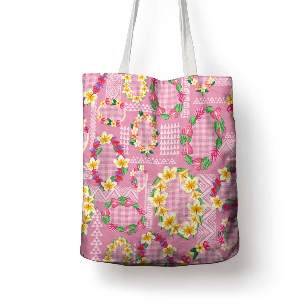 Hawaiian Leis Tote Bag Kakau Tattoos and Palaka Pastel Pink Color