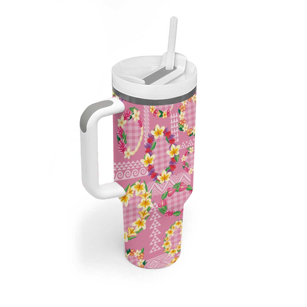 Hawaiian Leis Tumbler With Handle Kakau Tattoos and Palaka Pastel Pink Color