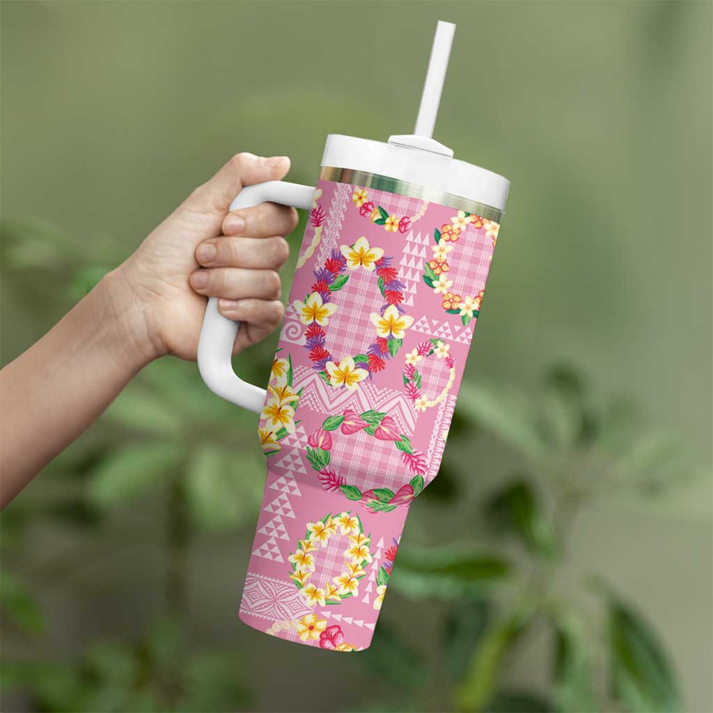 Hawaiian Leis Tumbler With Handle Kakau Tattoos and Palaka Pastel Pink Color