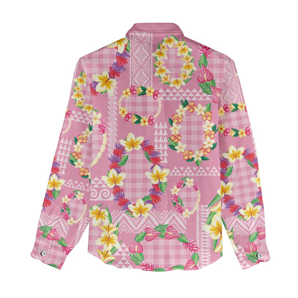 Hawaiian Leis Women Casual Shirt Kakau Tattoos and Palaka Pastel Pink Color LT03 - Polynesian Pride