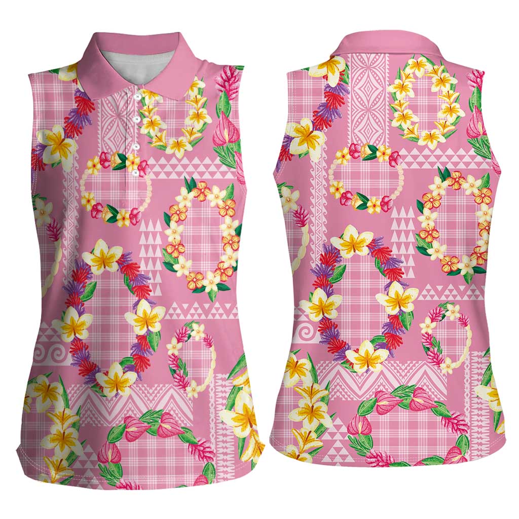 Hawaiian Leis Women Sleeveless Polo Shirt Kakau Tattoos and Palaka Pastel Pink Color LT03 - Polynesian Pride