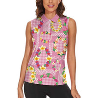 Hawaiian Leis Women Sleeveless Polo Shirt Kakau Tattoos and Palaka Pastel Pink Color LT03 - Polynesian Pride