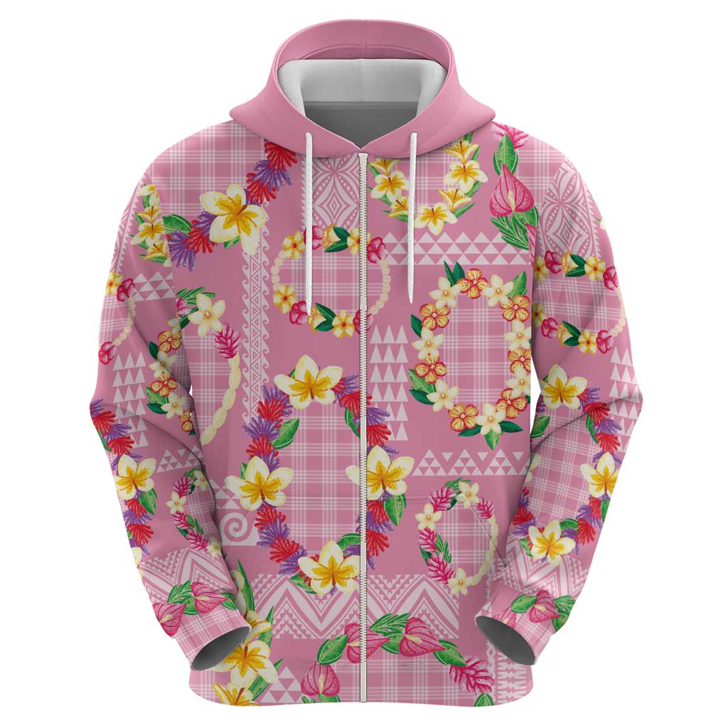 Hawaiian Leis Zip Hoodie Kakau Tattoos and Palaka Pastel Pink Color