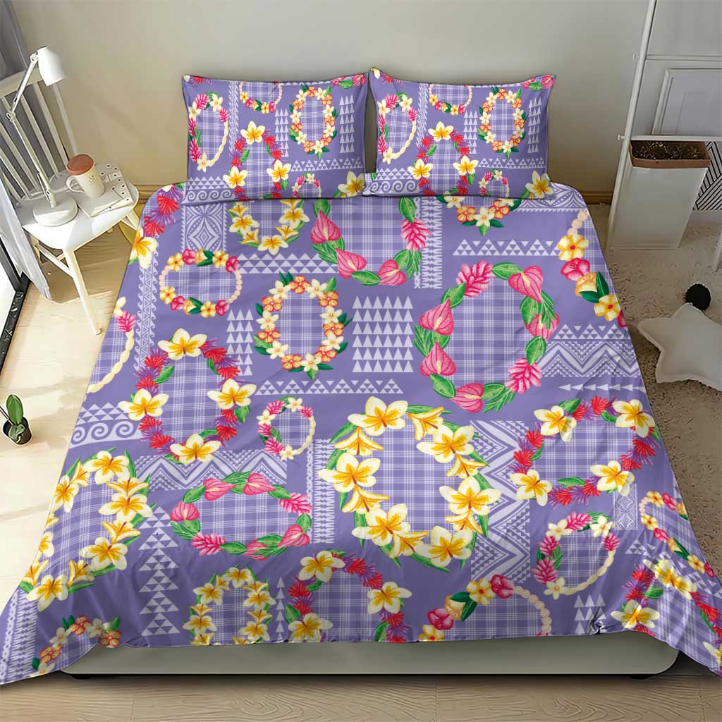 Hawaiian Leis Bedding Set Kakau Tattoos and Palaka Pastel Purple Color