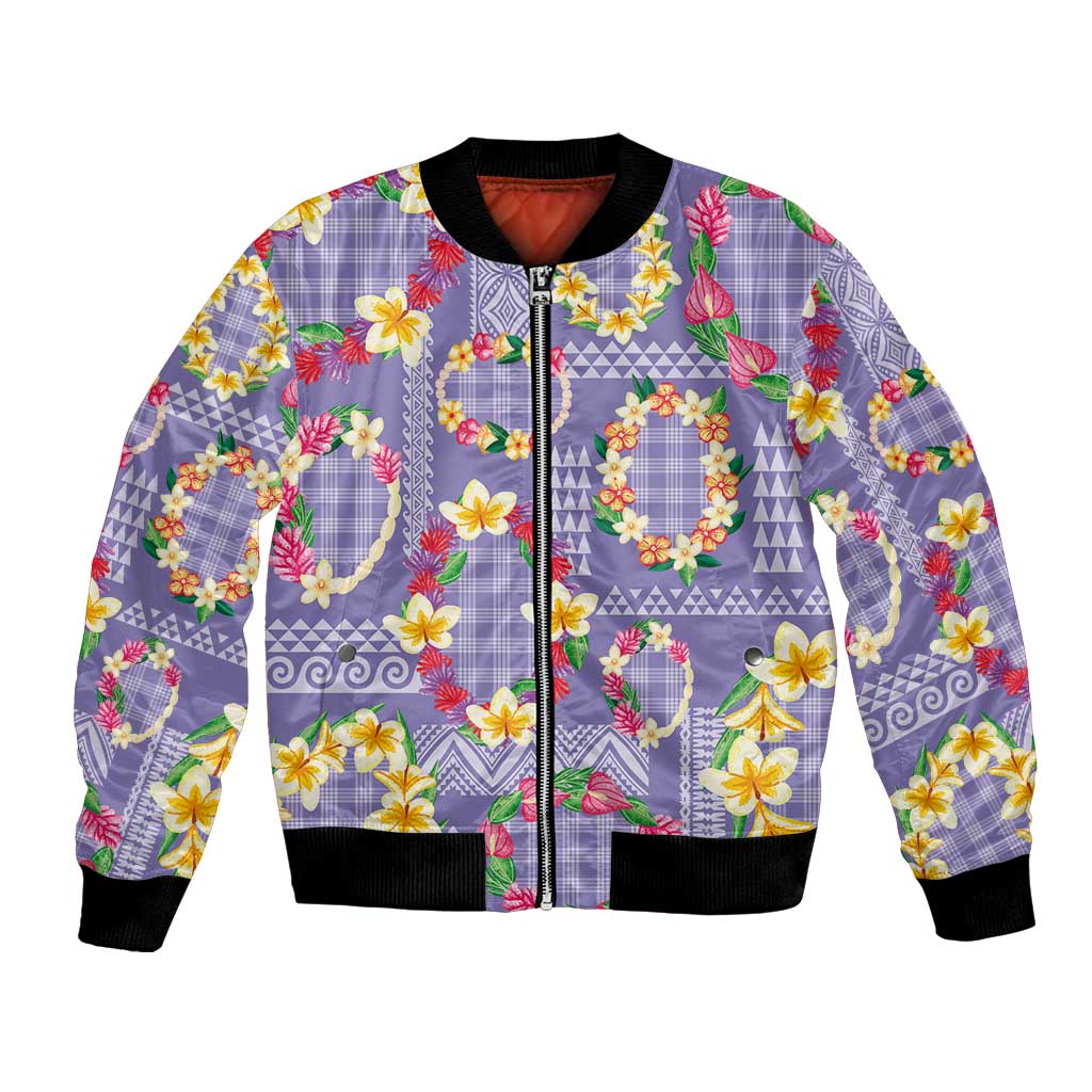 Hawaiian Leis Bomber Jacket Kakau Tattoos and Palaka Pastel Purple Color
