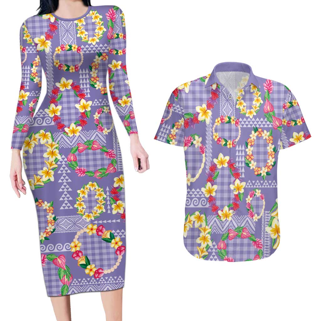 Hawaiian Leis Couples Matching Long Sleeve Bodycon Dress and Hawaiian Shirt Kakau Tattoos and Palaka Pastel Purple Color LT03 Purple - Polynesian Pride