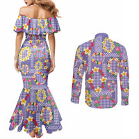 Hawaiian Leis Couples Matching Mermaid Dress and Long Sleeve Button Shirt Kakau Tattoos and Palaka Pastel Purple Color LT03 - Polynesian Pride