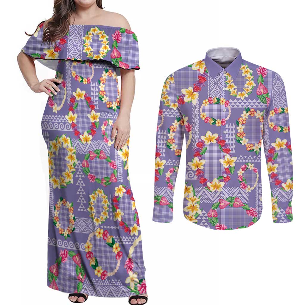 Hawaiian Leis Couples Matching Off Shoulder Maxi Dress and Long Sleeve Button Shirt Kakau Tattoos and Palaka Pastel Purple Color
