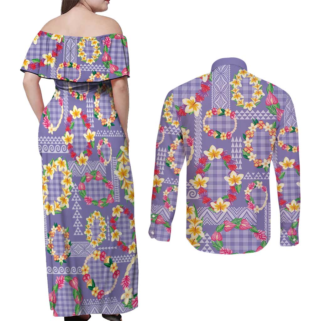 Hawaiian Leis Couples Matching Off Shoulder Maxi Dress and Long Sleeve Button Shirt Kakau Tattoos and Palaka Pastel Purple Color LT03 - Polynesian Pride