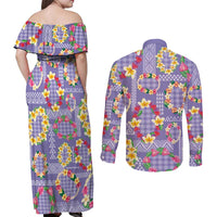 Hawaiian Leis Couples Matching Off Shoulder Maxi Dress and Long Sleeve Button Shirt Kakau Tattoos and Palaka Pastel Purple Color LT03 - Polynesian Pride