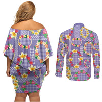 Hawaiian Leis Couples Matching Off Shoulder Short Dress and Long Sleeve Button Shirt Kakau Tattoos and Palaka Pastel Purple Color LT03 - Polynesian Pride