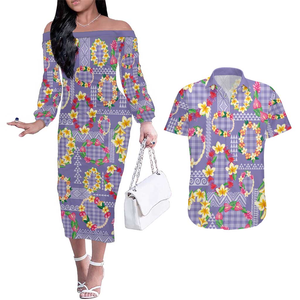 Hawaiian Leis Couples Matching Off The Shoulder Long Sleeve Dress and Hawaiian Shirt Kakau Tattoos and Palaka Pastel Purple Color LT03 Purple - Polynesian Pride