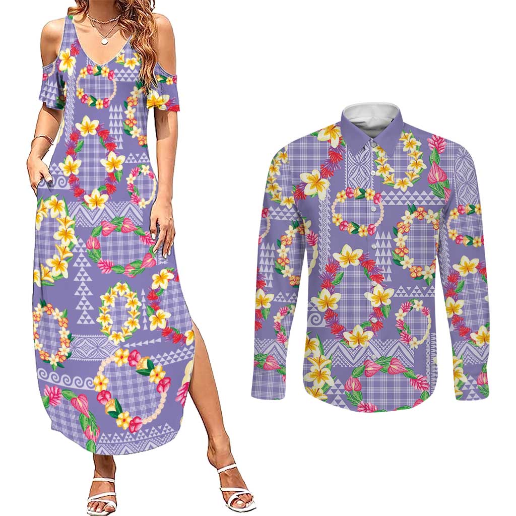 Hawaiian Leis Couples Matching Summer Maxi Dress and Long Sleeve Button Shirt Kakau Tattoos and Palaka Pastel Purple Color