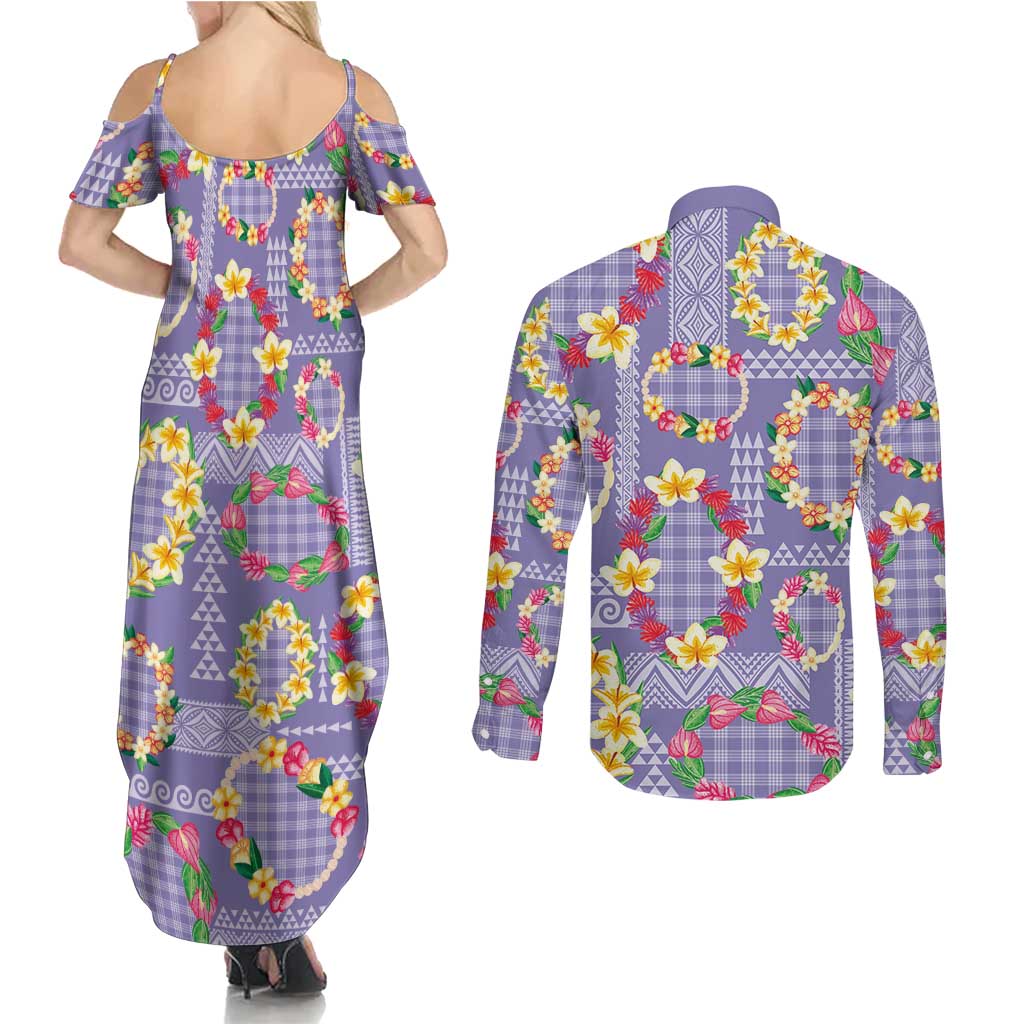 Hawaiian Leis Couples Matching Summer Maxi Dress and Long Sleeve Button Shirt Kakau Tattoos and Palaka Pastel Purple Color LT03 - Polynesian Pride