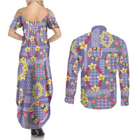 Hawaiian Leis Couples Matching Summer Maxi Dress and Long Sleeve Button Shirt Kakau Tattoos and Palaka Pastel Purple Color LT03 - Polynesian Pride