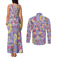 Hawaiian Leis Couples Matching Tank Maxi Dress and Long Sleeve Button Shirt Kakau Tattoos and Palaka Pastel Purple Color LT03 - Polynesian Pride
