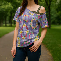 Hawaiian Leis Cross Shoulder Shirt Kakau Tattoos and Palaka Pastel Purple Color LT03 - Polynesian Pride