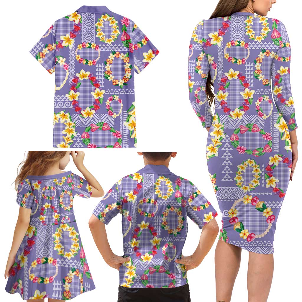 Hawaiian Leis Family Matching Long Sleeve Bodycon Dress and Hawaiian Shirt Kakau Tattoos and Palaka Pastel Purple Color LT03 - Polynesian Pride