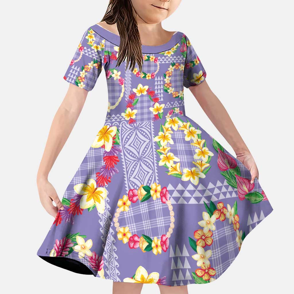 Hawaiian Leis Family Matching Mermaid Dress and Hawaiian Shirt Kakau Tattoos and Palaka Pastel Purple Color LT03 Daughter's Dress Purple - Polynesian Pride