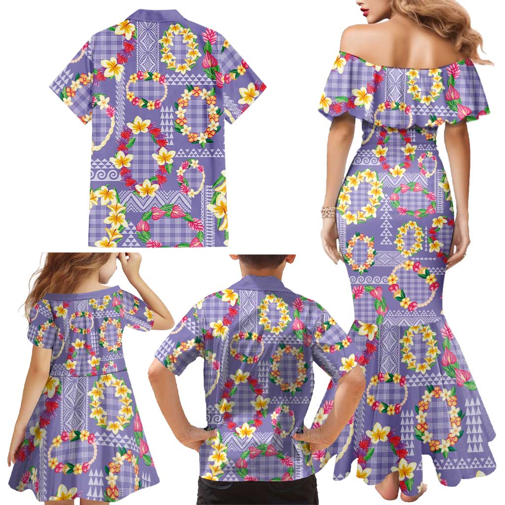 Hawaiian Leis Family Matching Mermaid Dress and Hawaiian Shirt Kakau Tattoos and Palaka Pastel Purple Color LT03 - Polynesian Pride
