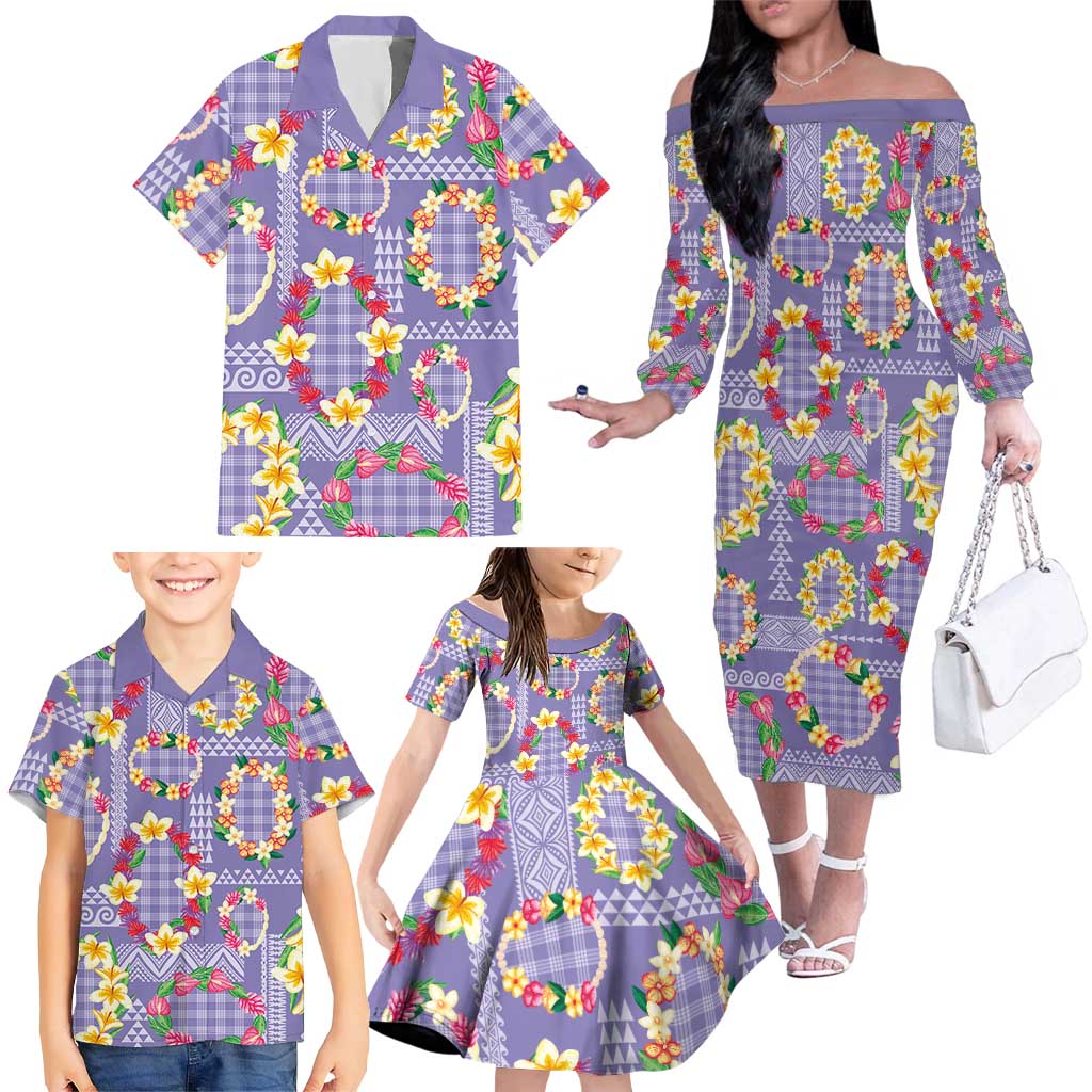 Hawaiian Leis Family Matching Off The Shoulder Long Sleeve Dress and Hawaiian Shirt Kakau Tattoos and Palaka Pastel Purple Color LT03 - Polynesian Pride
