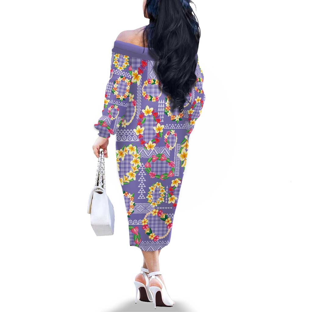 Hawaiian Leis Family Matching Off The Shoulder Long Sleeve Dress and Hawaiian Shirt Kakau Tattoos and Palaka Pastel Purple Color LT03 - Polynesian Pride